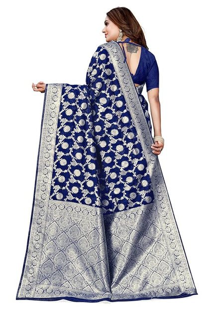 Owl Sky Women's Kanjivaram Soft Lichi Silk Saree with Silver Zari Floral Weave | With Unstiched Blouse Piece | Elegant Lightweight Indian Ethnic Sari | Royal Blue