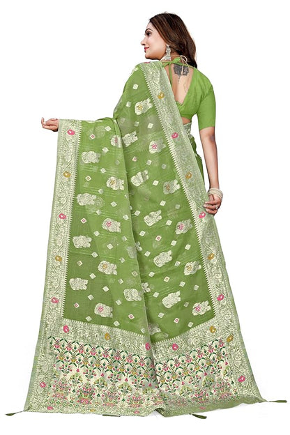 Owlsky Women’s Linen Tissue Silk Saree with Thread Weaving & Siroski Work | Included with Unstriched Blouse Piece | Pista Green