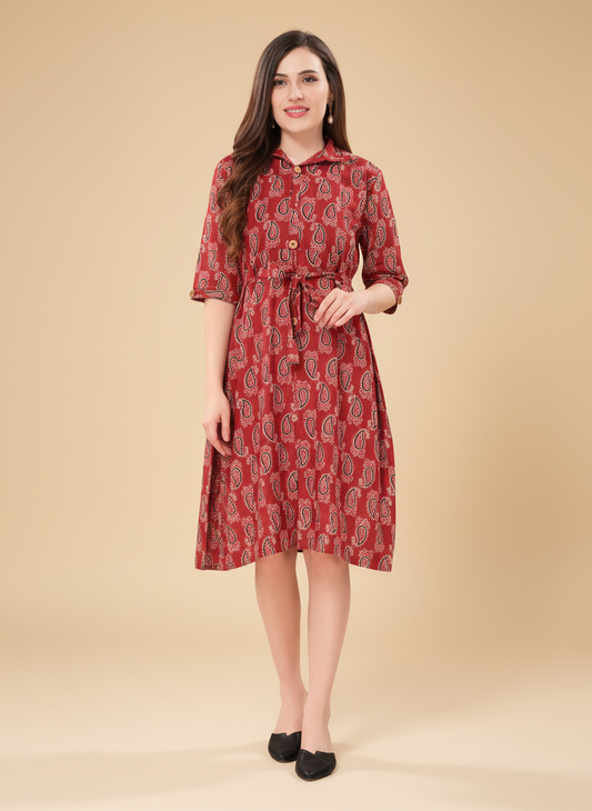 Owlsky Women Rust Red & Black Pure Cotton Kalamkari Printed A-Line Shirt Dress-One Piece