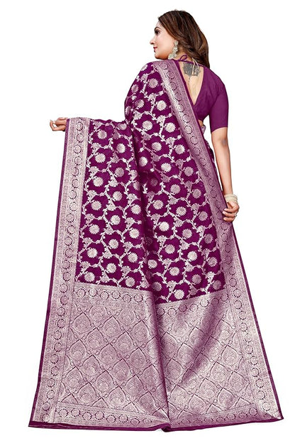 Owl Sky Women's Kanjivaram Soft Lichi Silk Saree with Silver Zari Floral Weave | With Unstiched Blouse Piece | Elegant Lightweight Indian Ethnic Sari | Wine