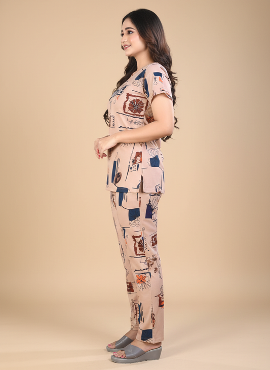 Owlsky Women Blush Pink Typographic Printed Hosiery Cotton Nightsuit