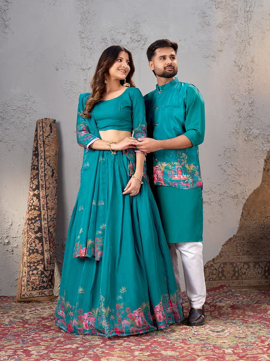 Owl Sky Couple Matching Embroidered Georgette Lehenga Choli & Men’s Kurta Set with Sequins Work (Semi-Stitched, Wedding & Festive Wear) Blue