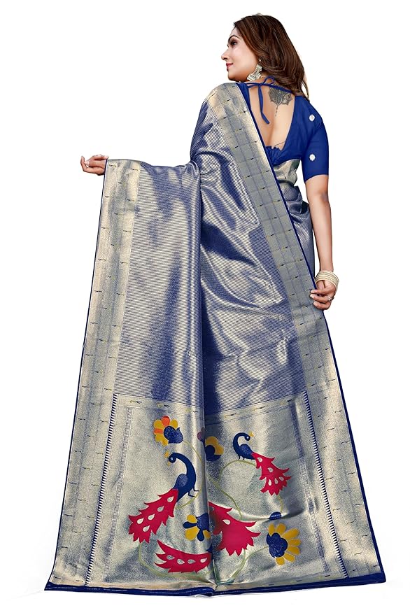 Owlsky Women’s Kanjivaram Silk Saree with Beautiful Paithani Rich Pallu | Design Work Zari Woven Kanjivaram Silk Style Saree With Soft Lichi Silk Blouse Navy Blue