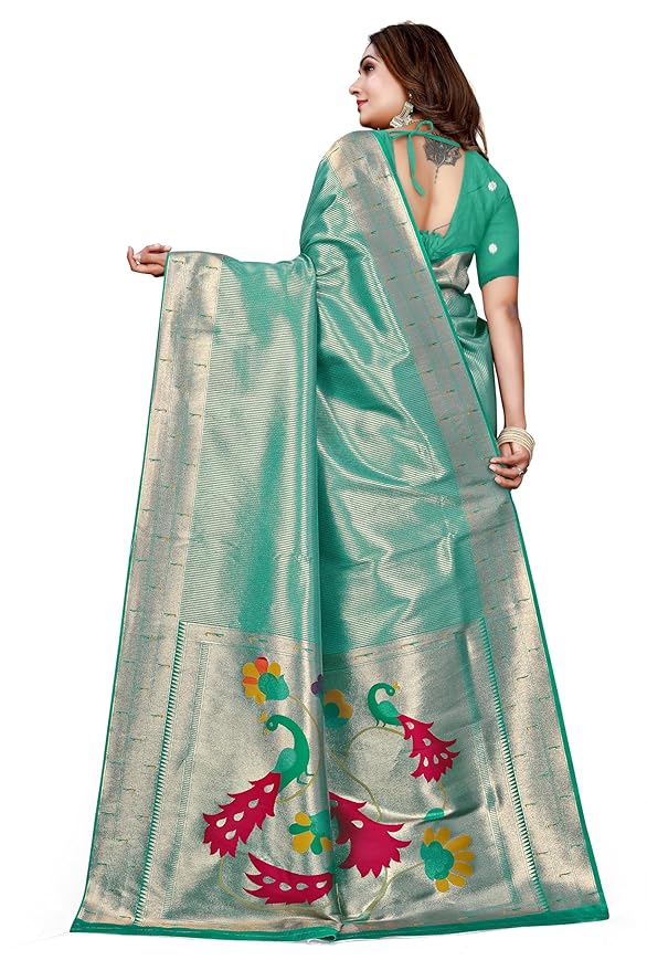 Owlsky Women’s Kanjivaram Silk Saree with Beautiful Paithani Rich Pallu | Design Work Zari Woven Kanjivaram Silk Style Saree With Soft Lichi Silk Blouse Sea Green