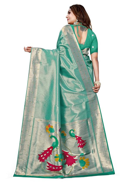 Owlsky Women’s Kanjivaram Silk Saree with Beautiful Paithani Rich Pallu | Design Work Zari Woven Kanjivaram Silk Style Saree With Soft Lichi Silk Blouse Sea Green