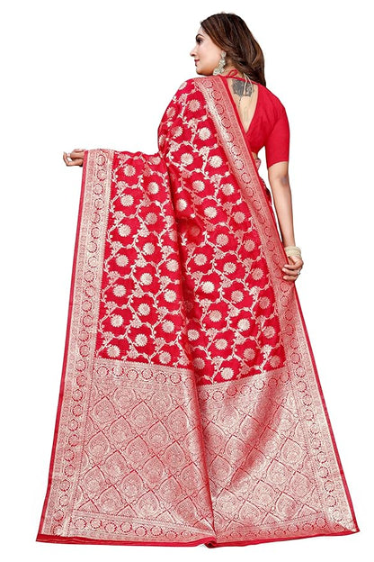Owl Sky Women's Kanjivaram Soft Lichi Silk Saree with Silver Zari Floral Weave | With Unstiched Blouse Piece | Elegant Lightweight Indian Ethnic Sari | Red
