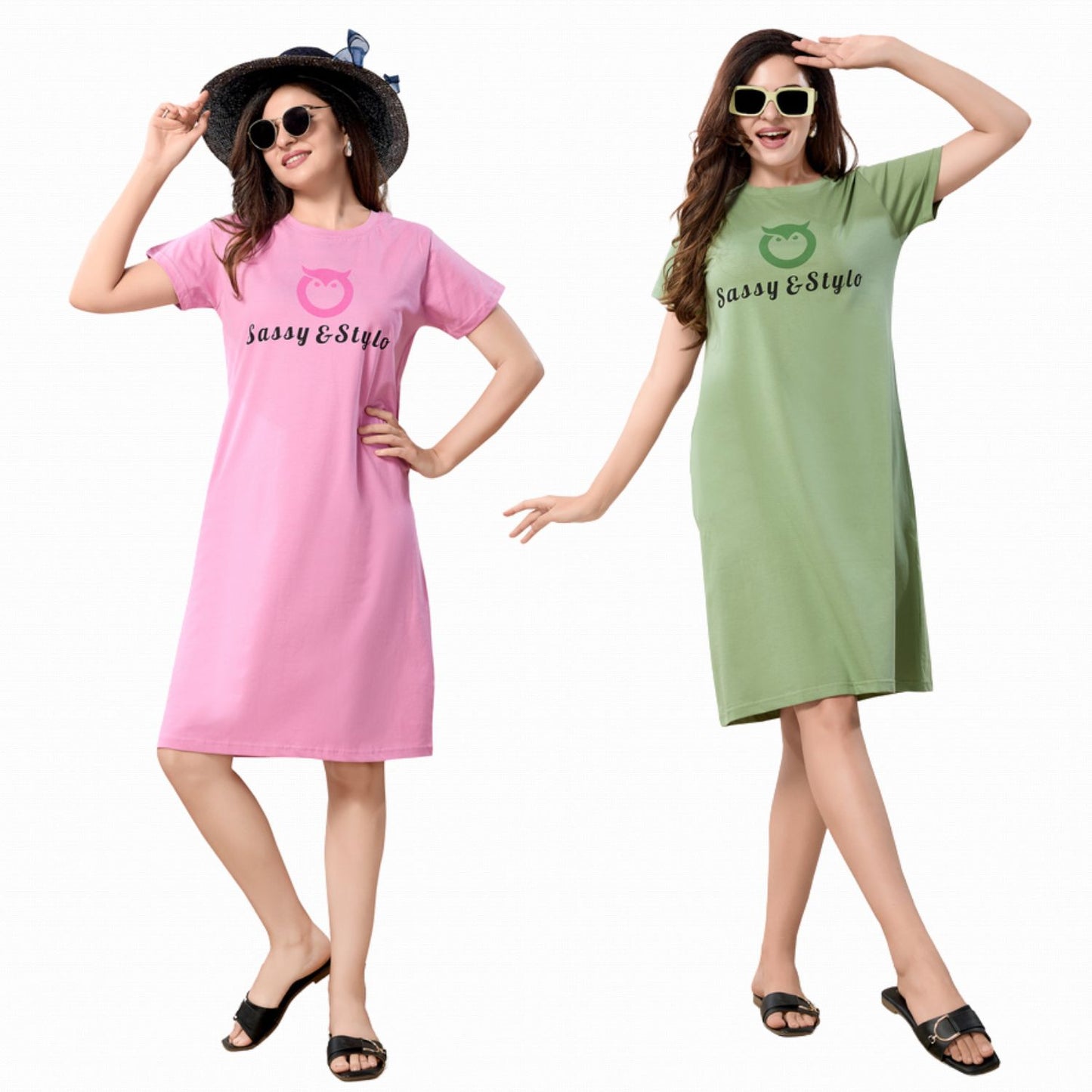 Women's Solid Printed Casual Relaxed Cotton Knee Length Regular Fit Nighty Combo Set of 2