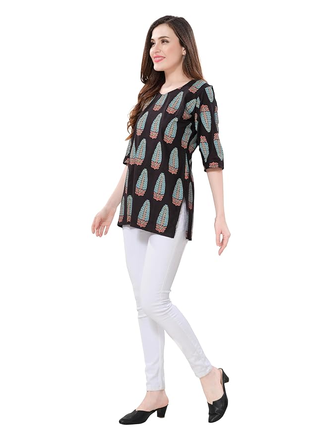 Owlsky Women's Black Pure Cotton Kalamkari Printed Short Kurta | 3/4 Sleeve | Office & Casual Kurta for Jeans, Leggings & Trousers