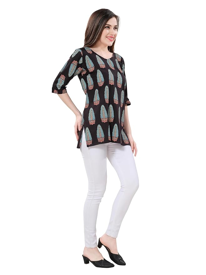 Owlsky Women's Black Pure Cotton Kalamkari Printed Short Kurta | 3/4 Sleeve | Office & Casual Kurta for Jeans, Leggings & Trousers