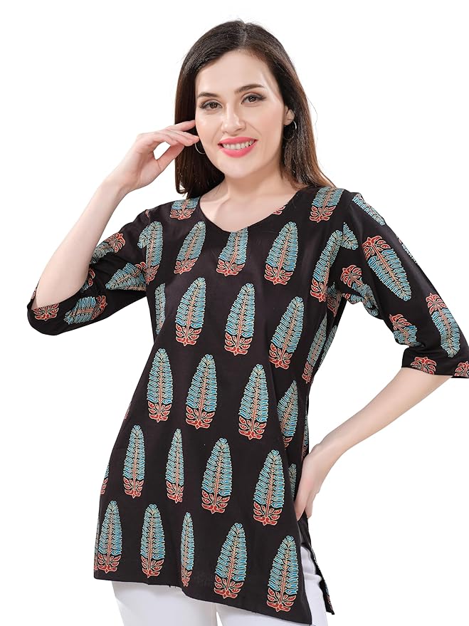 Owlsky Women's Black Pure Cotton Kalamkari Printed Short Kurta | 3/4 Sleeve | Office & Casual Kurta for Jeans, Leggings & Trousers
