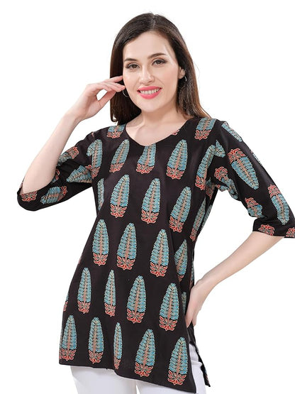 Owlsky Women's Black Pure Cotton Kalamkari Printed Short Kurta | 3/4 Sleeve | Office & Casual Kurta for Jeans, Leggings & Trousers