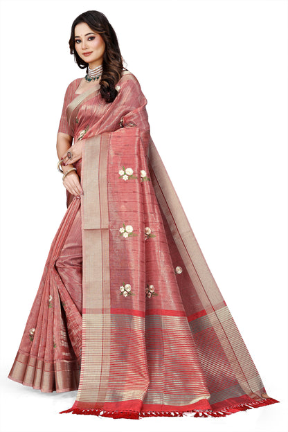 OWLSKY, SASSY & STYLO Women's Latest Elegant Linen Saree Foil Print work with Unstitched Blouse | Traditional Festive Collection Rose Pink