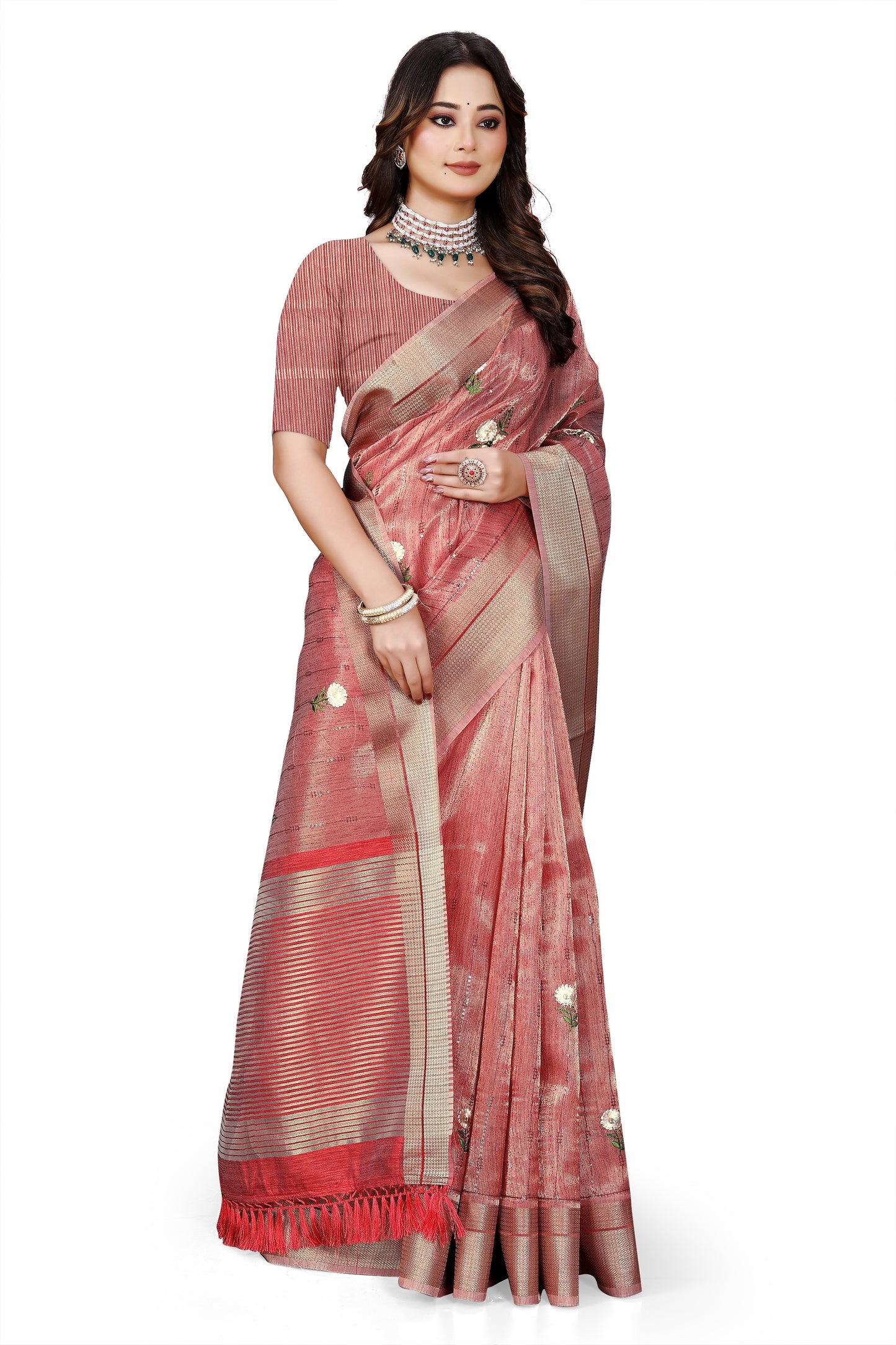 OWLSKY, SASSY & STYLO Women's Latest Elegant Linen Saree Foil Print work with Unstitched Blouse | Traditional Festive Collection Rose Pink