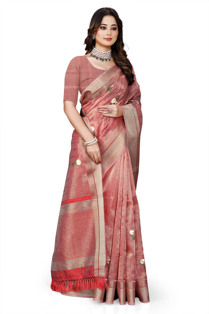 OWLSKY, SASSY & STYLO Women's Latest Elegant Linen Saree Foil Print work with Unstitched Blouse | Traditional Festive Collection Rose Pink