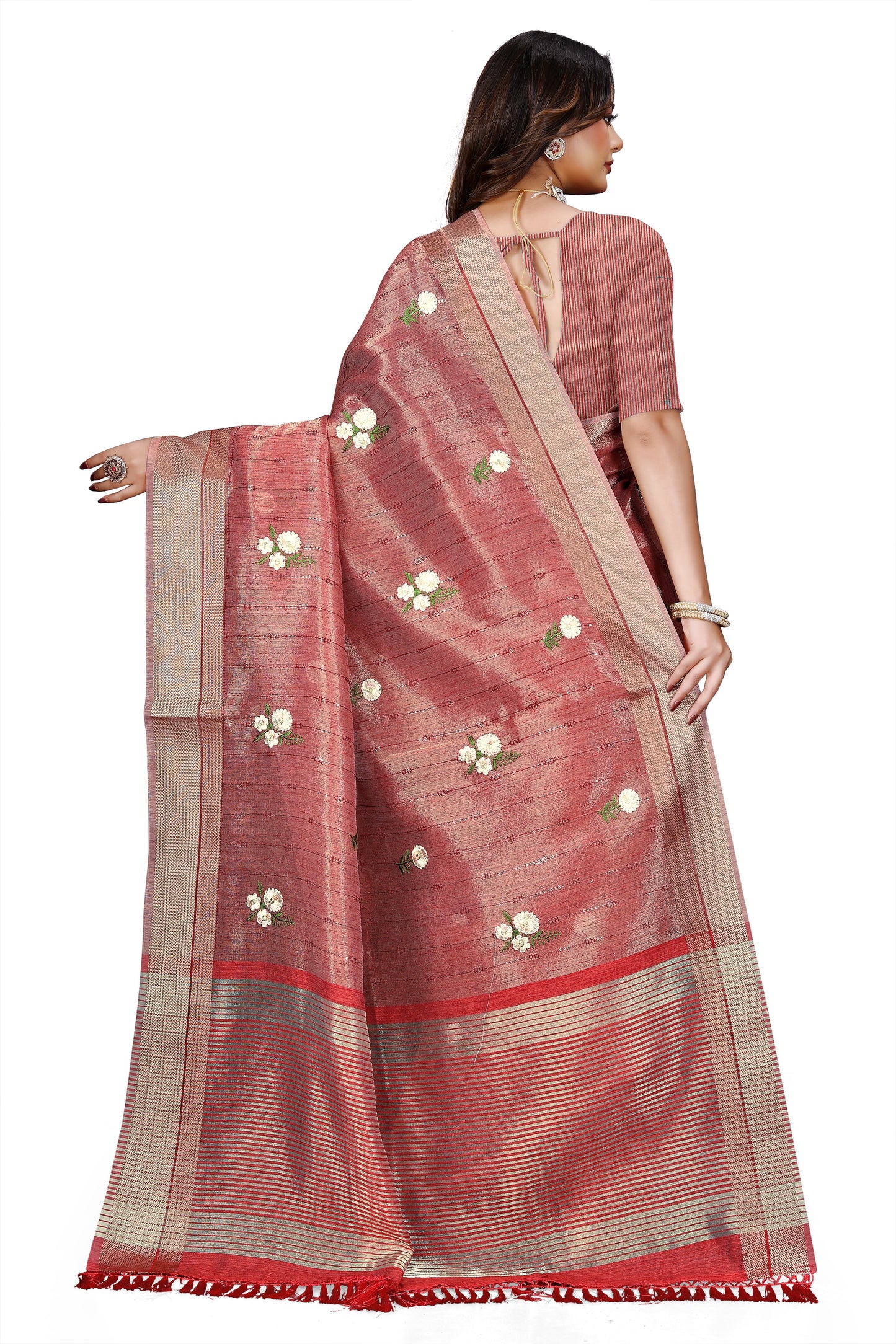 OWLSKY, SASSY & STYLO Women's Latest Elegant Linen Saree Foil Print work with Unstitched Blouse | Traditional Festive Collection Rose Pink