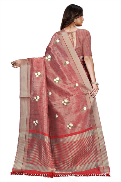 OWLSKY, SASSY & STYLO Women's Latest Elegant Linen Saree Foil Print work with Unstitched Blouse | Traditional Festive Collection Rose Pink