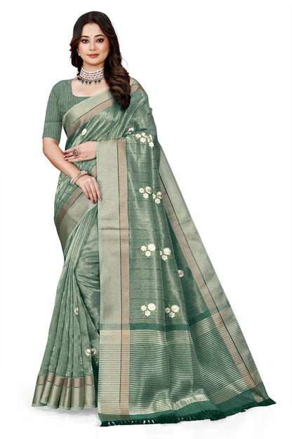 OWLSKY, SASSY & STYLO Women's Latest Elegant Linen Saree Foil Print work with Unstitched Blouse | Traditional Festive Collection Sage Green