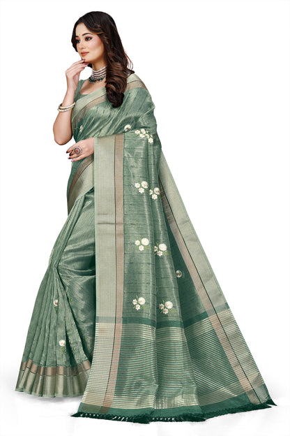 OWLSKY, SASSY & STYLO Women's Latest Elegant Linen Saree Foil Print work with Unstitched Blouse | Traditional Festive Collection Sage Green