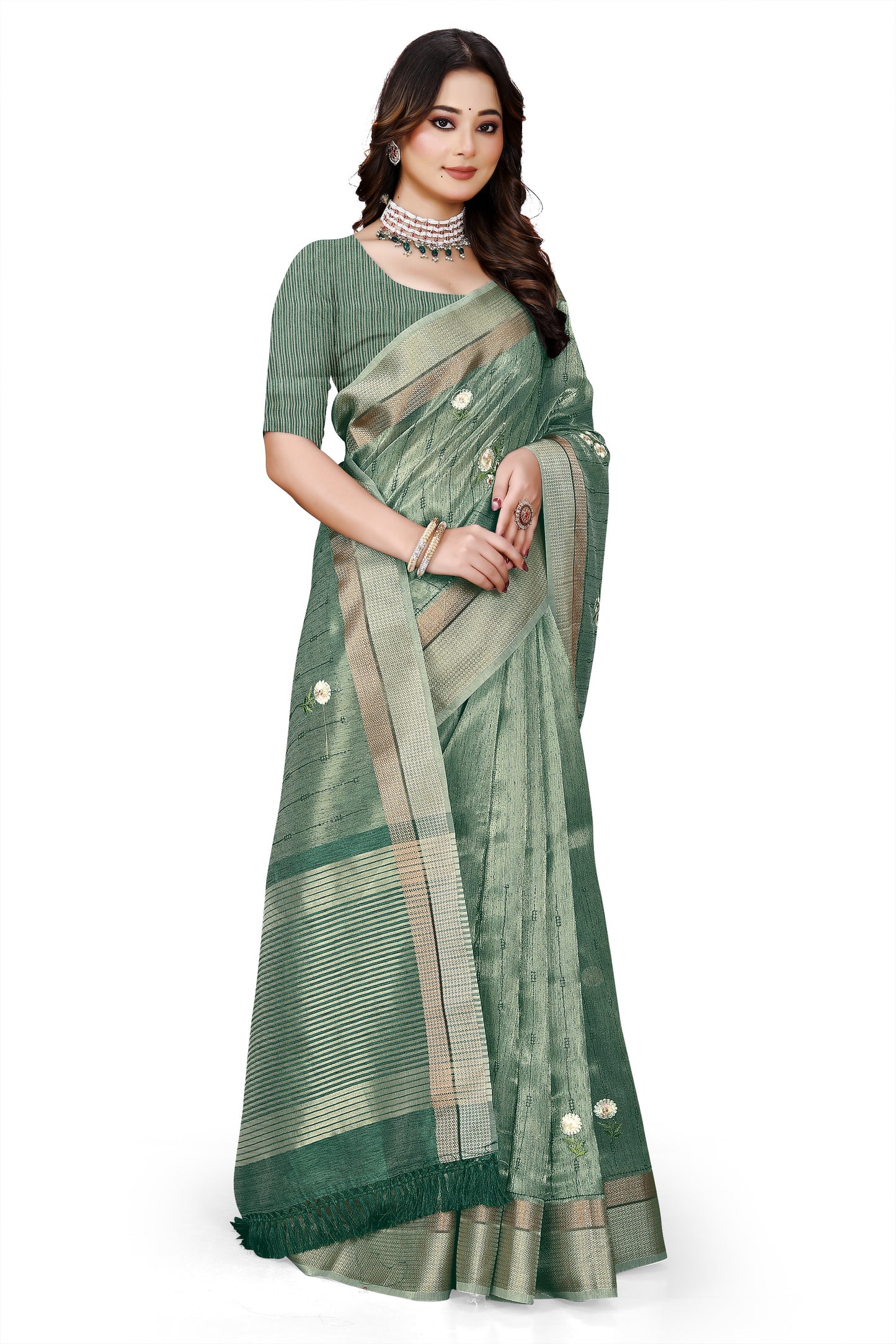 OWLSKY, SASSY & STYLO Women's Latest Elegant Linen Saree Foil Print work with Unstitched Blouse | Traditional Festive Collection Sage Green