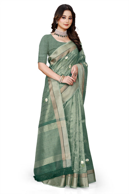 OWLSKY, SASSY & STYLO Women's Latest Elegant Linen Saree Foil Print work with Unstitched Blouse | Traditional Festive Collection Sage Green
