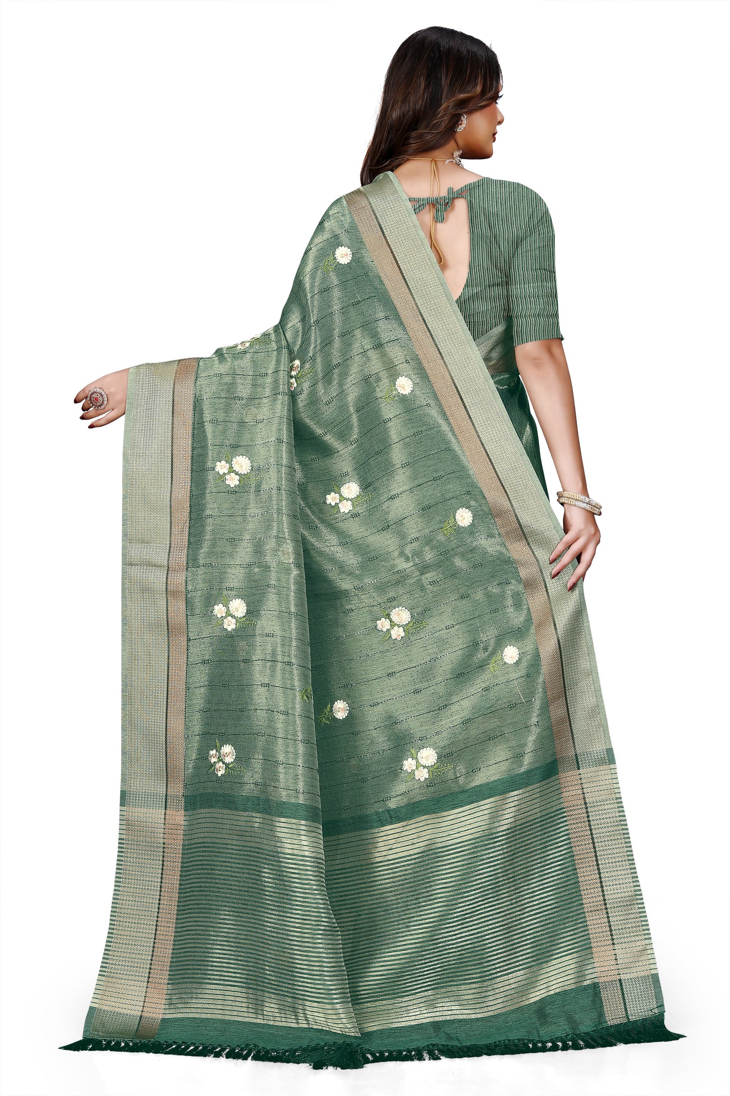 OWLSKY, SASSY & STYLO Women's Latest Elegant Linen Saree Foil Print work with Unstitched Blouse | Traditional Festive Collection Sage Green