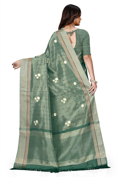 OWLSKY, SASSY & STYLO Women's Latest Elegant Linen Saree Foil Print work with Unstitched Blouse | Traditional Festive Collection Sage Green
