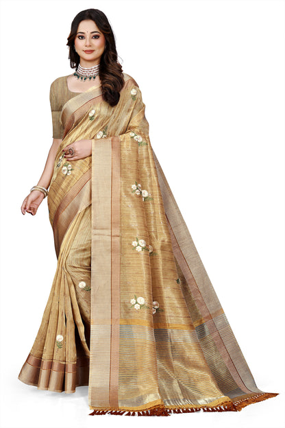 OWLSKY, SASSY & STYLO Women's Latest Elegant Linen Saree Foil Print work with Unstitched Blouse | Traditional Festive Collection Sage Golden Beige