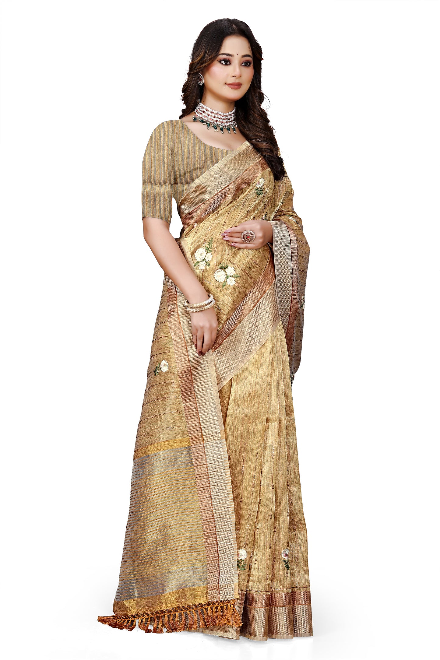 OWLSKY, SASSY & STYLO Women's Latest Elegant Linen Saree Foil Print work with Unstitched Blouse | Traditional Festive Collection Sage Golden Beige