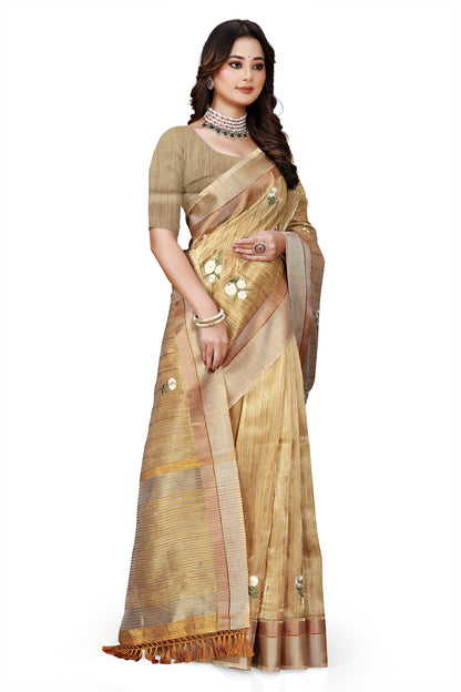 OWLSKY, SASSY & STYLO Women's Latest Elegant Linen Saree Foil Print work with Unstitched Blouse | Traditional Festive Collection Sage Golden Beige