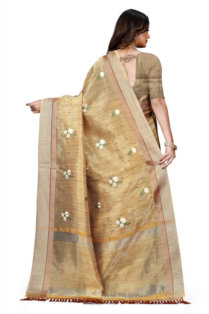 OWLSKY, SASSY & STYLO Women's Latest Elegant Linen Saree Foil Print work with Unstitched Blouse | Traditional Festive Collection Sage Golden Beige