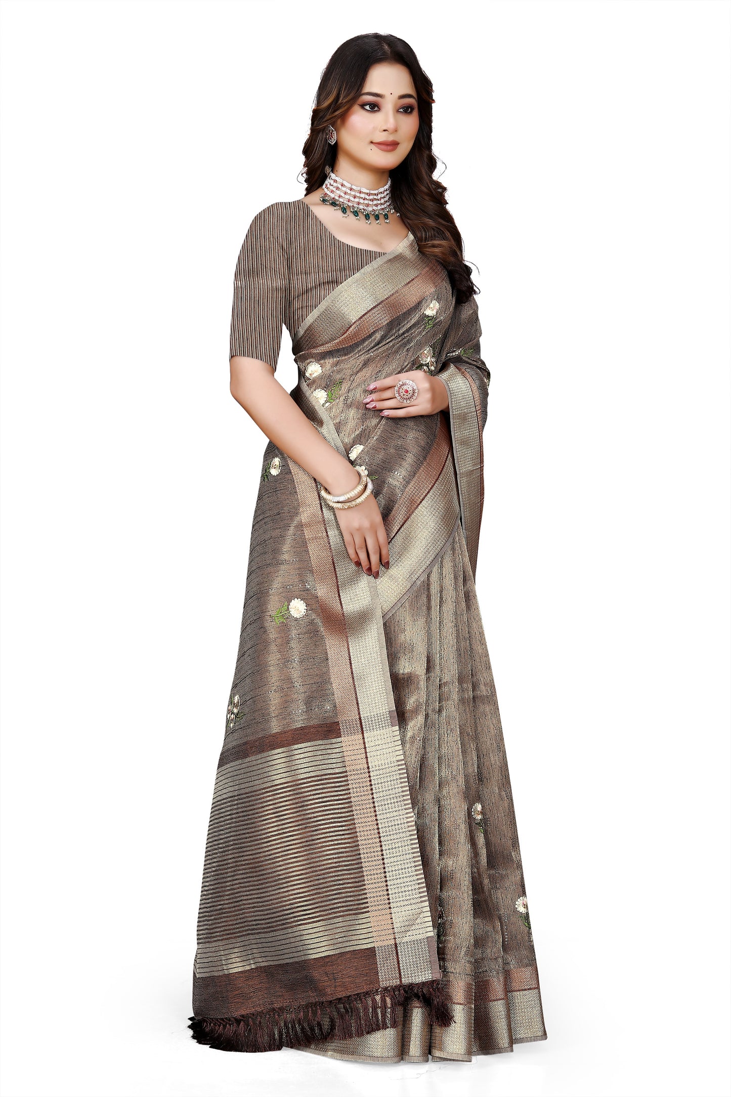 OWLSKY, SASSY & STYLO Women's Latest Elegant Linen Saree Foil Print work with Unstitched Blouse | Traditional Festive Collection Coffee Brown