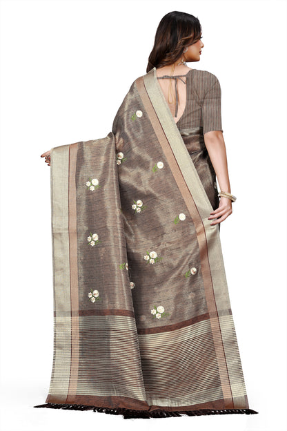 OWLSKY, SASSY & STYLO Women's Latest Elegant Linen Saree Foil Print work with Unstitched Blouse | Traditional Festive Collection Coffee Brown