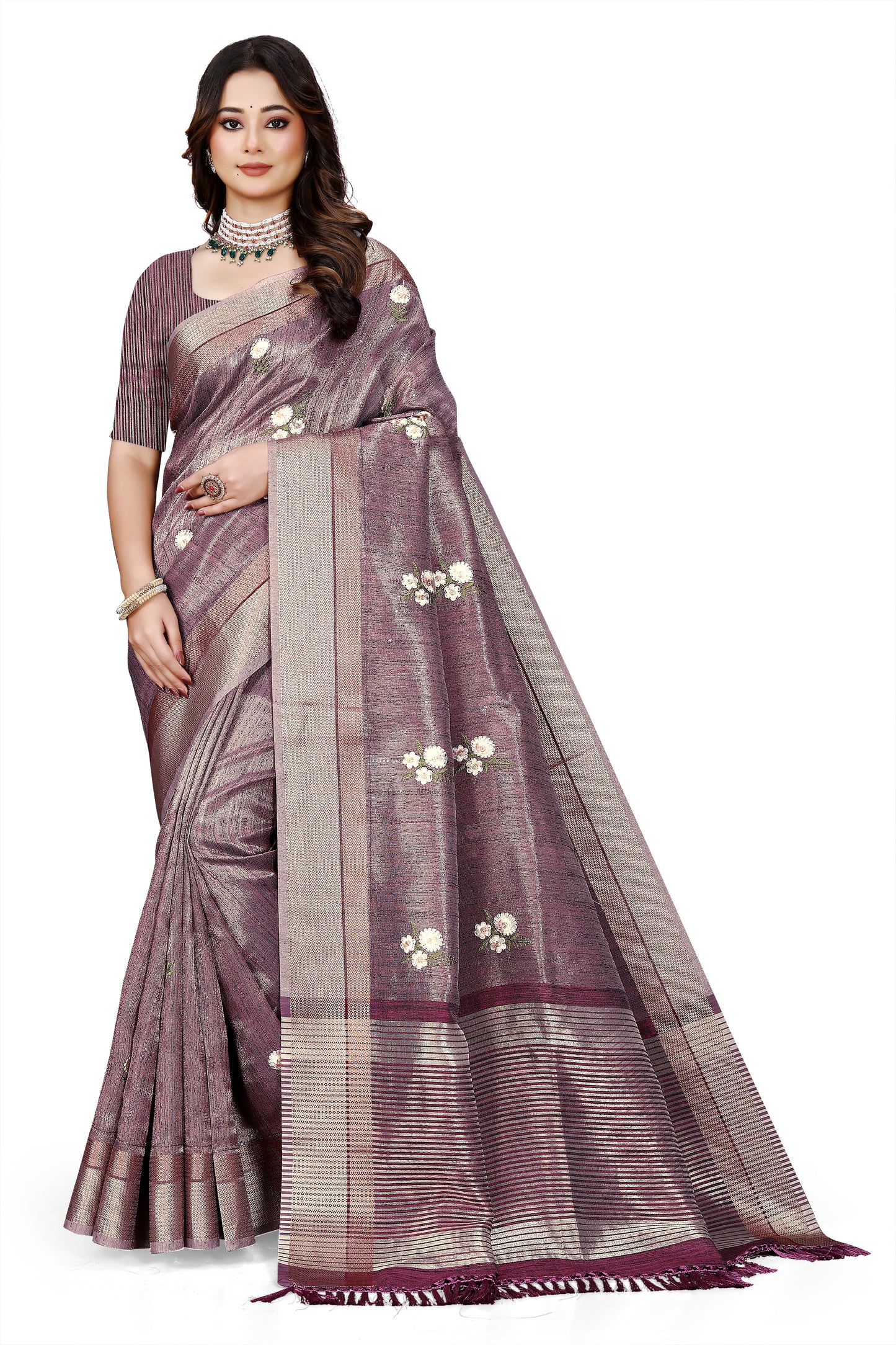 OWLSKY, SASSY & STYLO Women's Latest Elegant Linen Saree Foil Print work with Unstitched Blouse | Traditional Festive Collection Sage Wine Purple