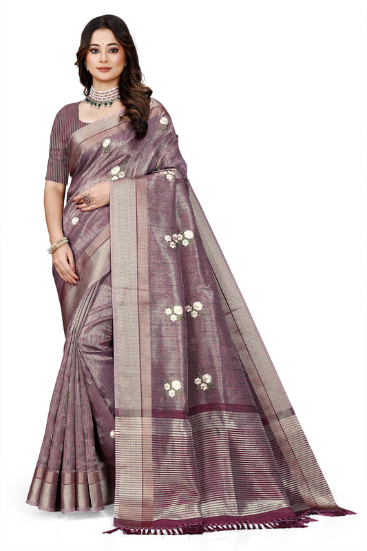 OWLSKY, SASSY & STYLO Women's Latest Elegant Linen Saree Foil Print work with Unstitched Blouse | Traditional Festive Collection Sage Wine Purple
