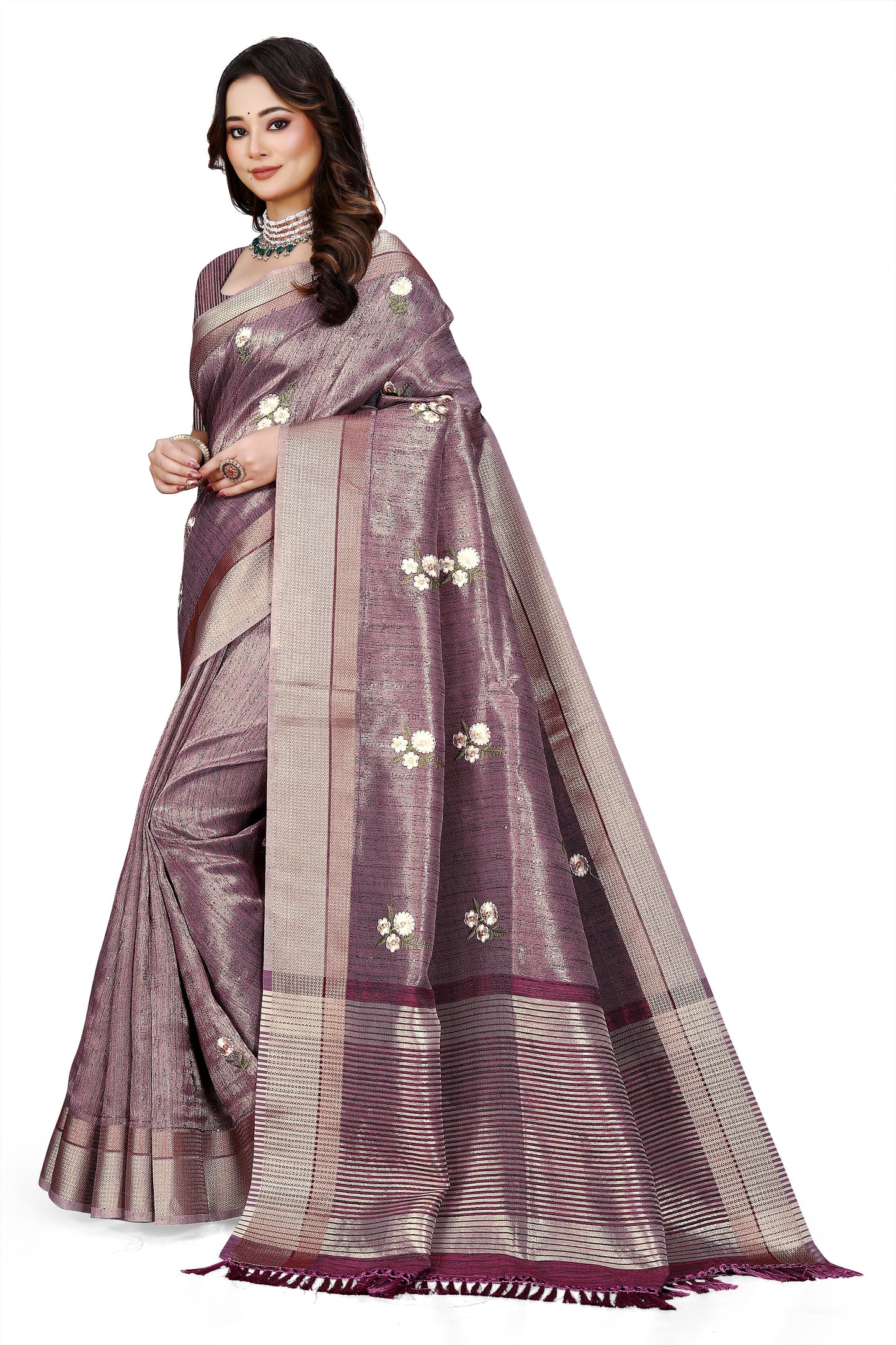 OWLSKY, SASSY & STYLO Women's Latest Elegant Linen Saree Foil Print work with Unstitched Blouse | Traditional Festive Collection Sage Wine Purple