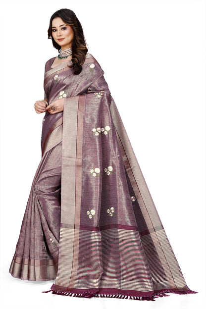 OWLSKY, SASSY & STYLO Women's Latest Elegant Linen Saree Foil Print work with Unstitched Blouse | Traditional Festive Collection Sage Wine Purple