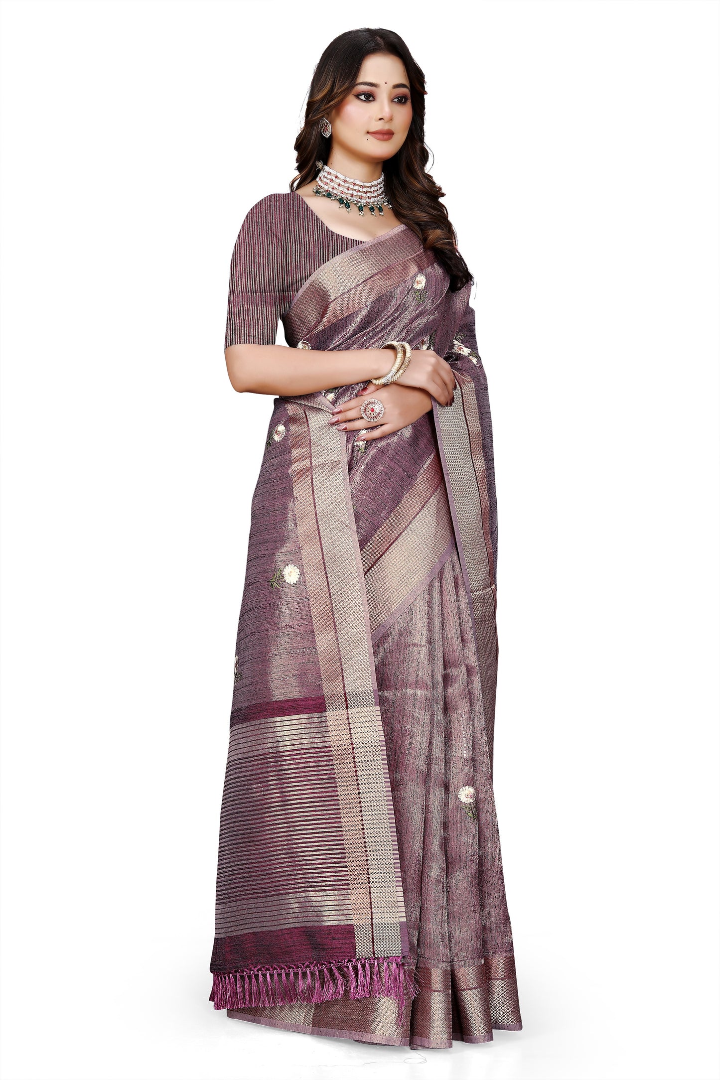 OWLSKY, SASSY & STYLO Women's Latest Elegant Linen Saree Foil Print work with Unstitched Blouse | Traditional Festive Collection Sage Wine Purple