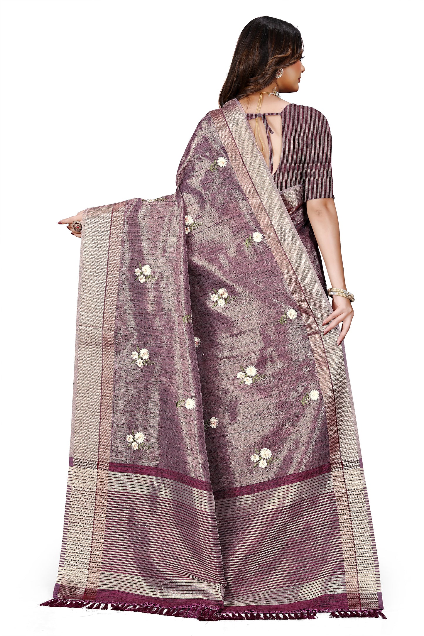 OWLSKY, SASSY & STYLO Women's Latest Elegant Linen Saree Foil Print work with Unstitched Blouse | Traditional Festive Collection Sage Wine Purple