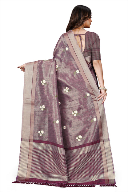 OWLSKY, SASSY & STYLO Women's Latest Elegant Linen Saree Foil Print work with Unstitched Blouse | Traditional Festive Collection Sage Wine Purple