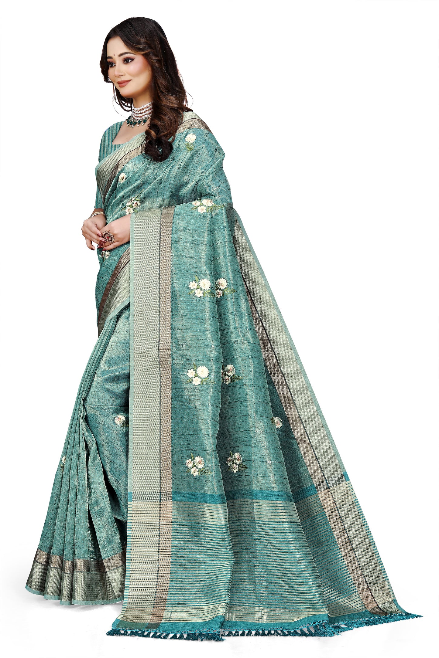 OWLSKY, SASSY & STYLO Women's Latest Elegant Linen Saree Foil Print work with Unstitched Blouse | Traditional Festive Collection Sage Teal Blue