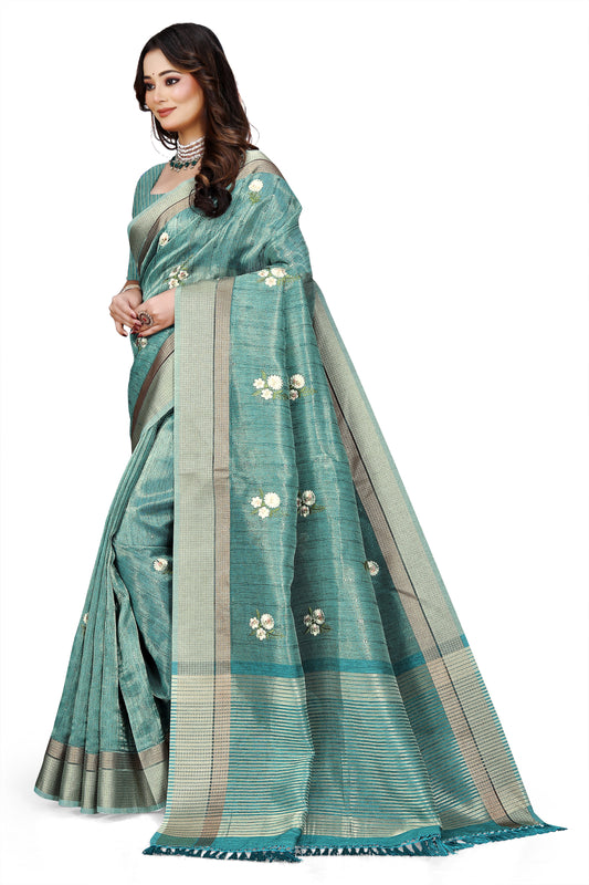 OWLSKY, SASSY & STYLO Women's Latest Elegant Linen Saree Foil Print work with Unstitched Blouse | Traditional Festive Collection Sage Teal Blue