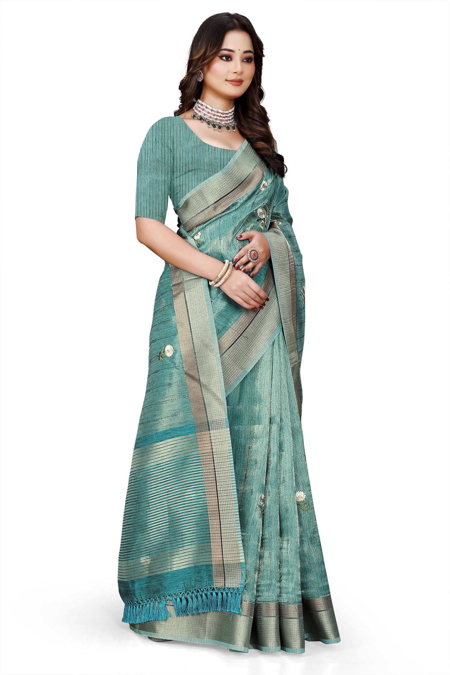 OWLSKY, SASSY & STYLO Women's Latest Elegant Linen Saree Foil Print work with Unstitched Blouse | Traditional Festive Collection Sage Teal Blue