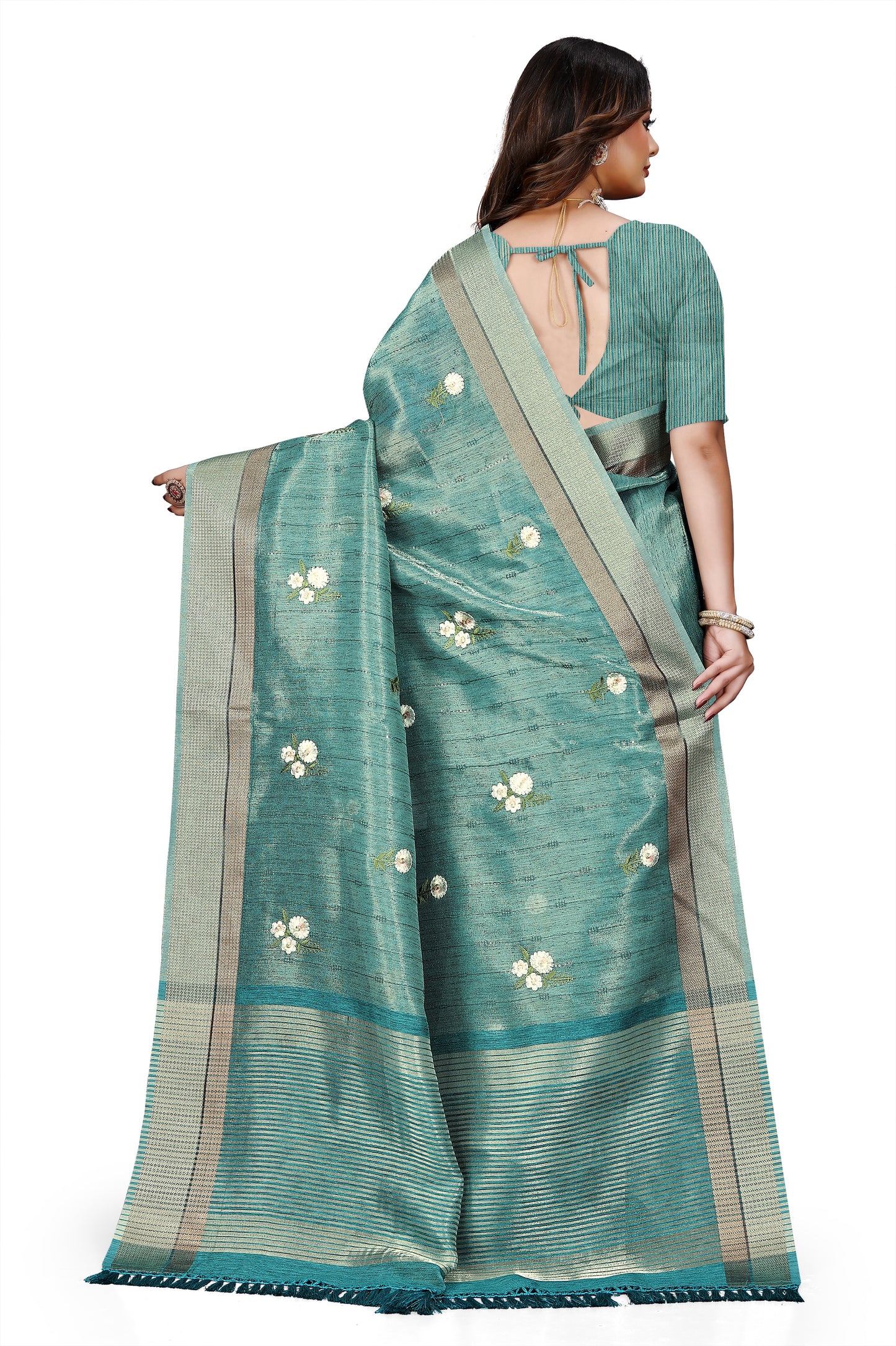 OWLSKY, SASSY & STYLO Women's Latest Elegant Linen Saree Foil Print work with Unstitched Blouse | Traditional Festive Collection Sage Teal Blue