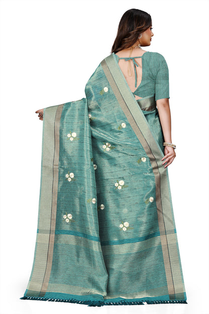 OWLSKY, SASSY & STYLO Women's Latest Elegant Linen Saree Foil Print work with Unstitched Blouse | Traditional Festive Collection Sage Teal Blue