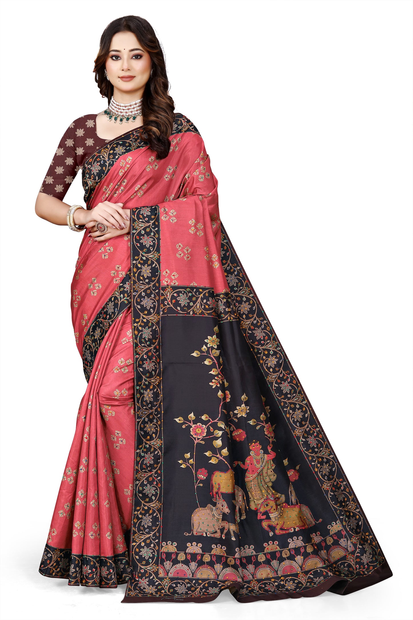 OWLSKY, SASSY & STYLO Women's Trendy Blended Silk Saree with Kalamkari Pallu & Designer Border | Festive Traditional Saree for Women | Traditional floral Motif | Saree With Unstiched Blouse Rani Pink