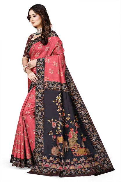 OWLSKY, SASSY & STYLO Women's Trendy Blended Silk Saree with Kalamkari Pallu & Designer Border | Festive Traditional Saree for Women | Traditional floral Motif | Saree With Unstiched Blouse Rani Pink