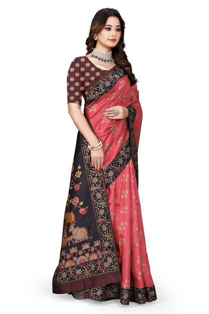 OWLSKY, SASSY & STYLO Women's Trendy Blended Silk Saree with Kalamkari Pallu & Designer Border | Festive Traditional Saree for Women | Traditional floral Motif | Saree With Unstiched Blouse Rani Pink