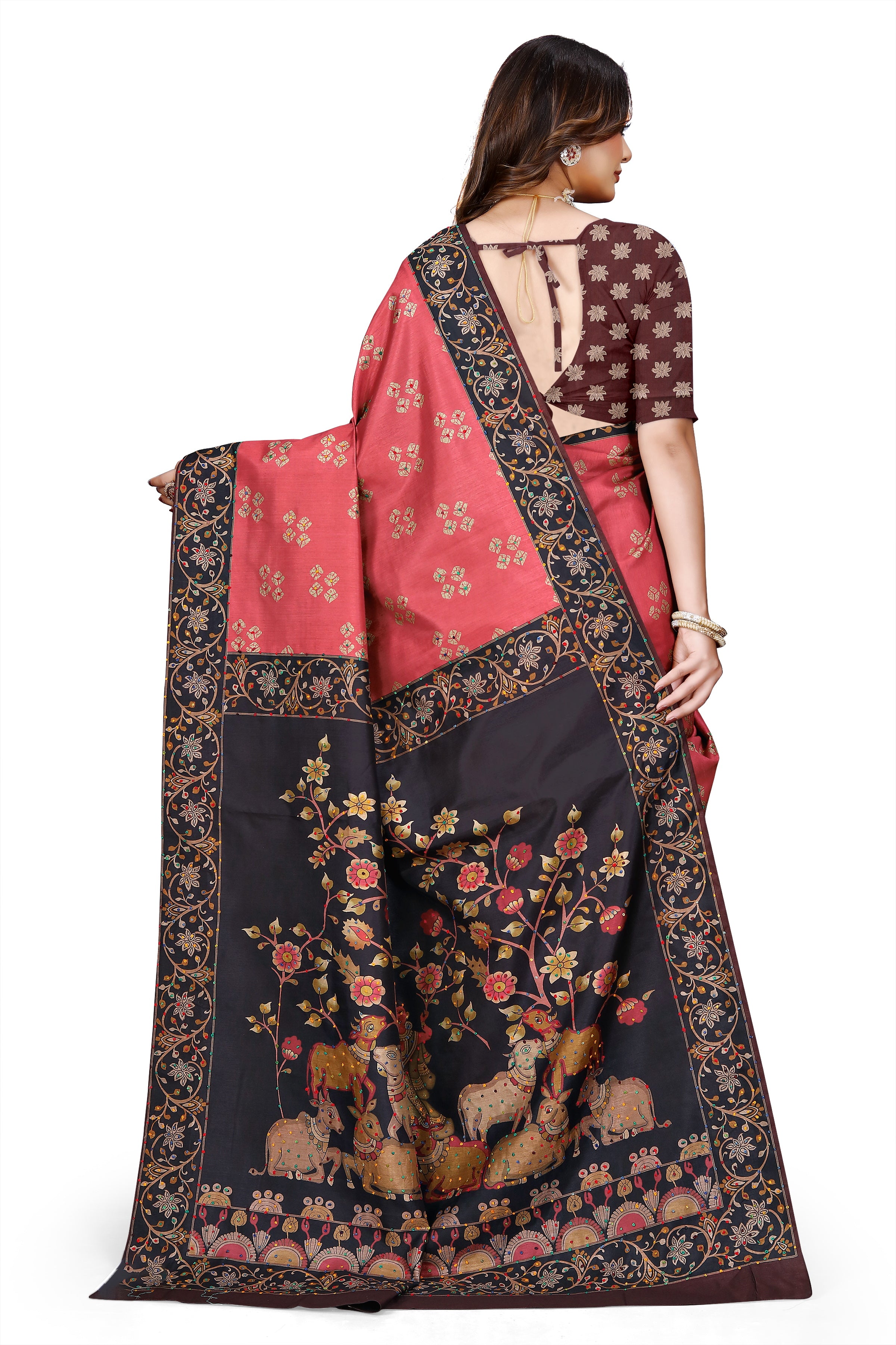 OWLSKY, SASSY & STYLO Women's Trendy Blended Silk Saree with Kalamkari Pallu & Designer Border | Festive Traditional Saree for Women | Traditional floral Motif | Saree With Unstiched Blouse Rani Pink