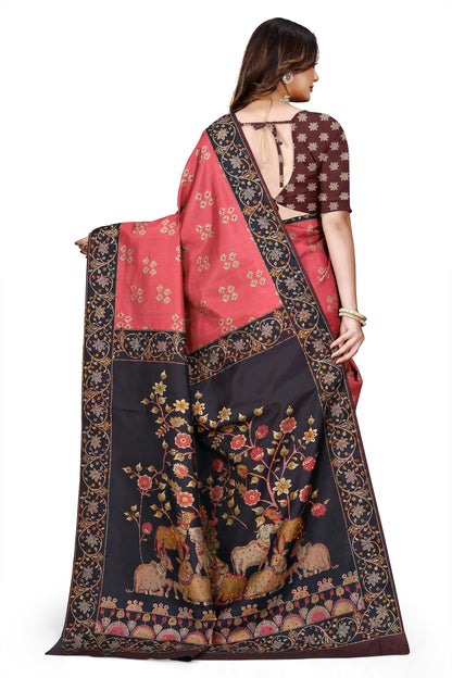 OWLSKY, SASSY & STYLO Women's Trendy Blended Silk Saree with Kalamkari Pallu & Designer Border | Festive Traditional Saree for Women | Traditional floral Motif | Saree With Unstiched Blouse Rani Pink