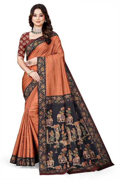 OWLSKY, SASSY & STYLO Women's Trendy Blended Silk Saree with Kalamkari Pallu & Designer Border | Festive Traditional Saree for Women | Traditional floral Motif | Saree With Unstiched Blouse Rust Orange